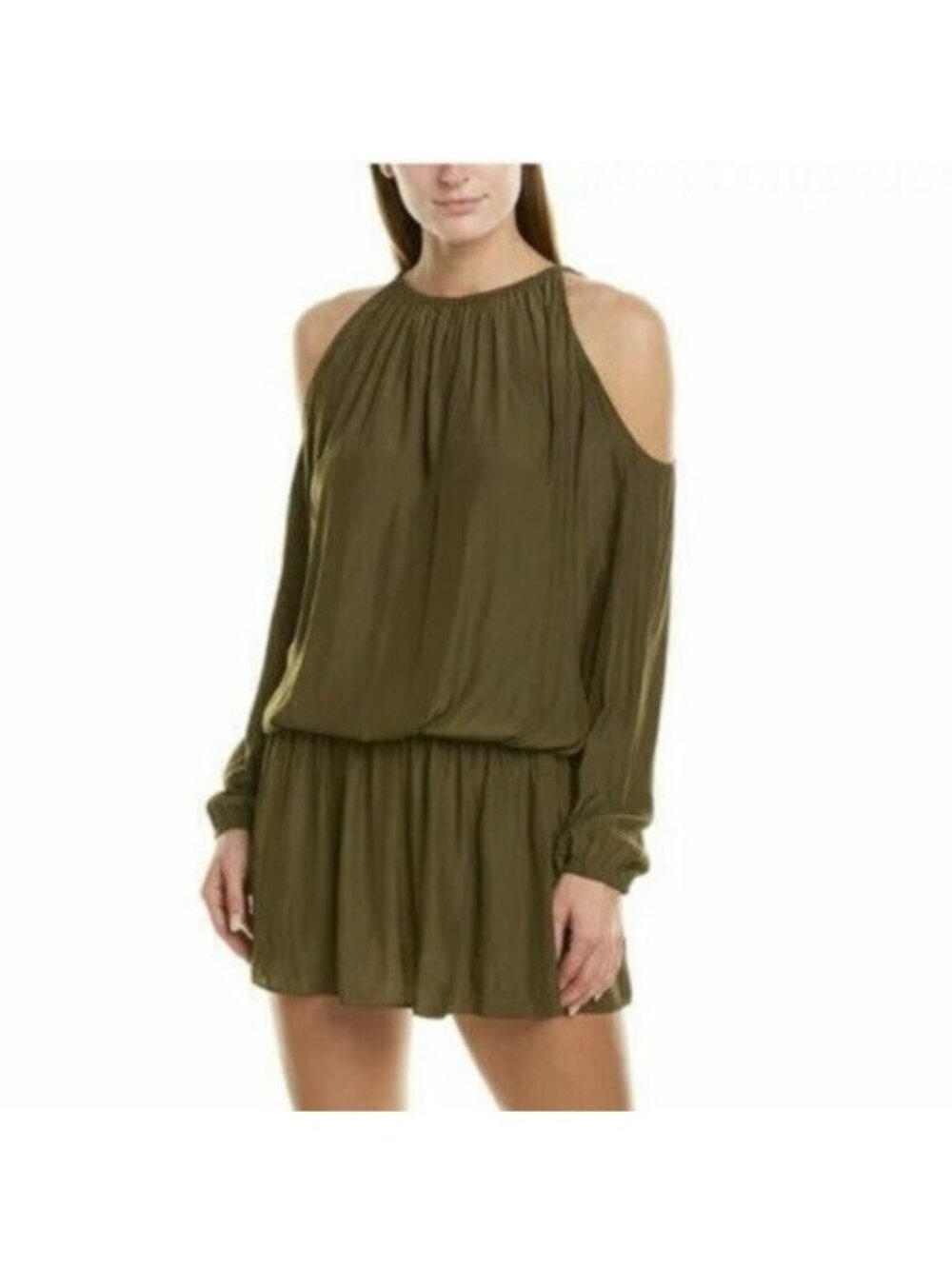 Ramy Brook Lauren Mini Dress S Olive Green Satin Boho Flowy Draped Cold Shoulder